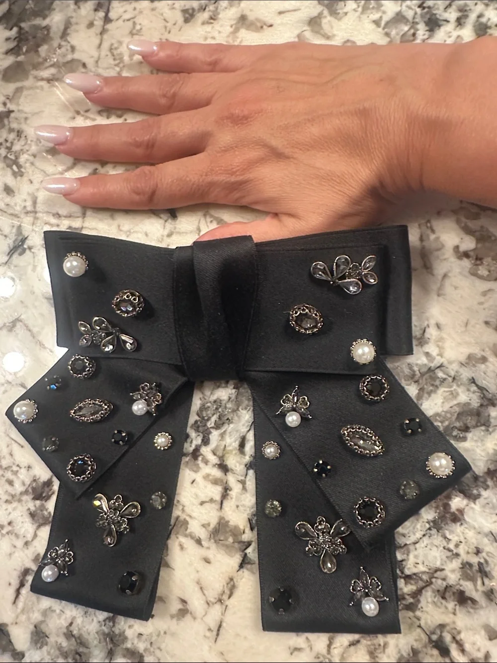 Saks Fifth Avenue Black Bow Hair Clip with Pearl & Crystal Accents